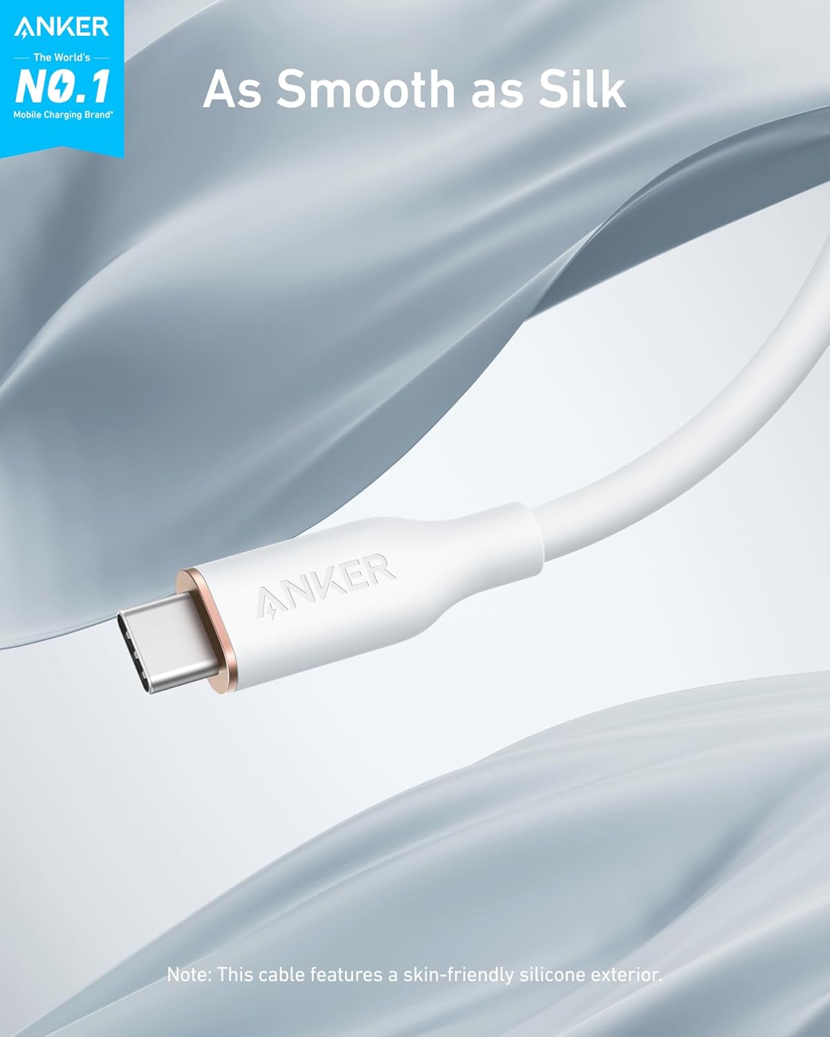 Anker 643 USB-C to USB-C silicone charging cable, durable and flexible for fast device charging, shown in a close-up image.