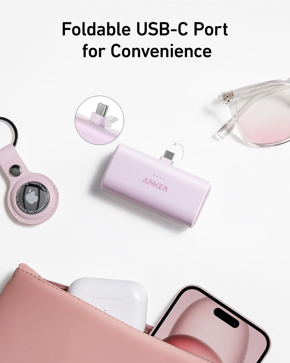 Anker Nano Power Bank with built-in USB-C connector, 22.5W portable charging device on a neutral background.