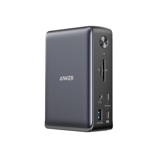 Anker 575 USB-C Docking Station for charging, featuring multiple ports, sleek design, and compact build for versatile device connectivity.