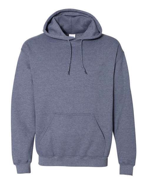 Gildan Unisex Heavy Blend™ Hooded Sweatshirt in heather gray with front kangaroo pocket and drawstring hood.