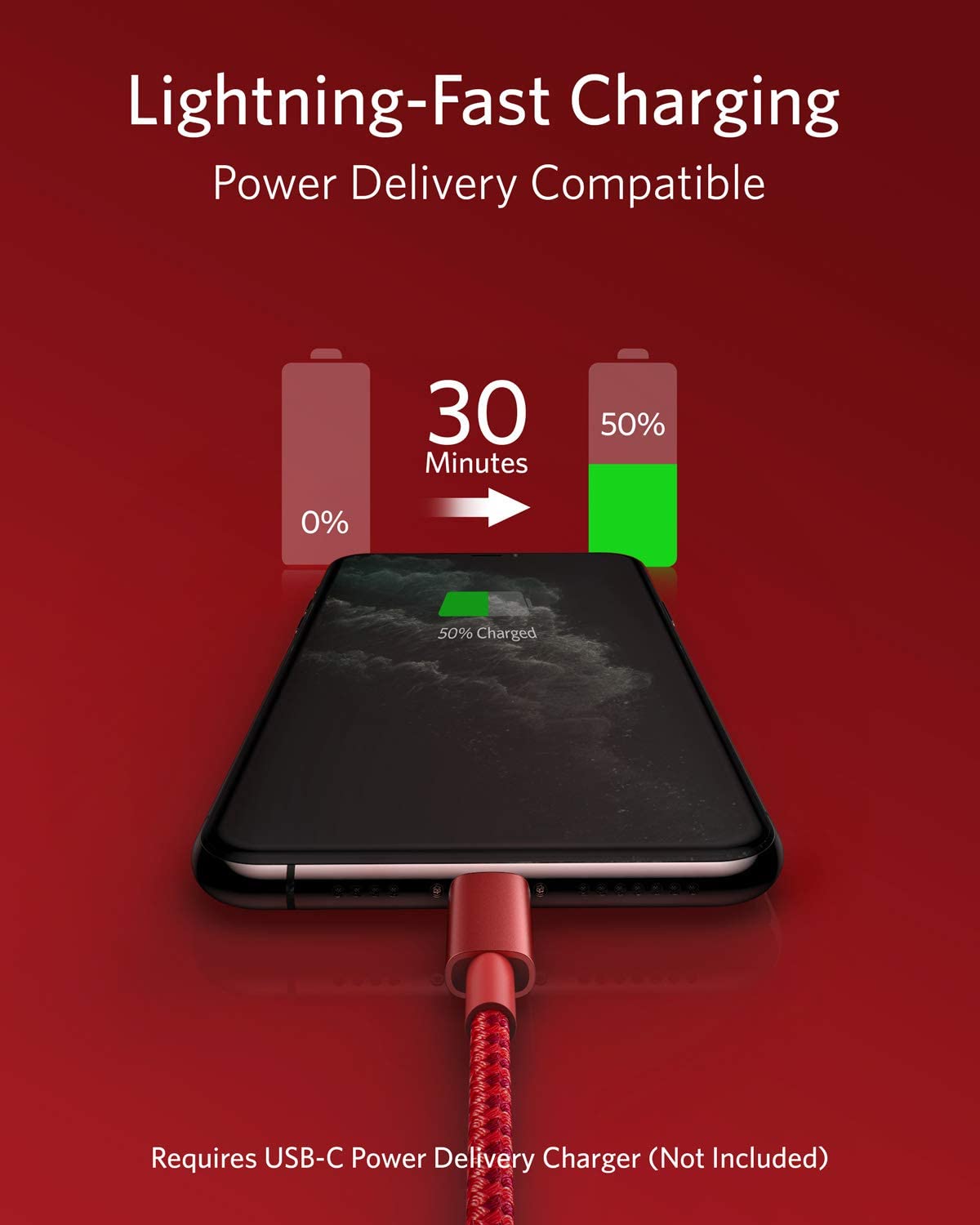 Red Anker 331 USB-C to Lightning charging cable, 6ft length, designed for fast charging and durable connection.