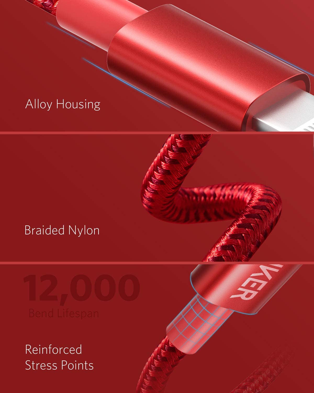 Red 6-foot Anker USB-C to Lightning charging cable, durable and flexible for iPhone and Apple device charging.
