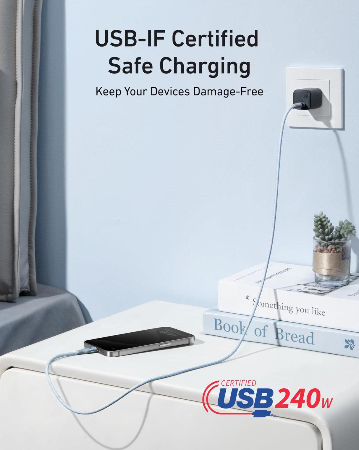 Anker 6ft blue USB-C to USB-C cable with upcycled braided design, supporting 240W charging and data transfer.