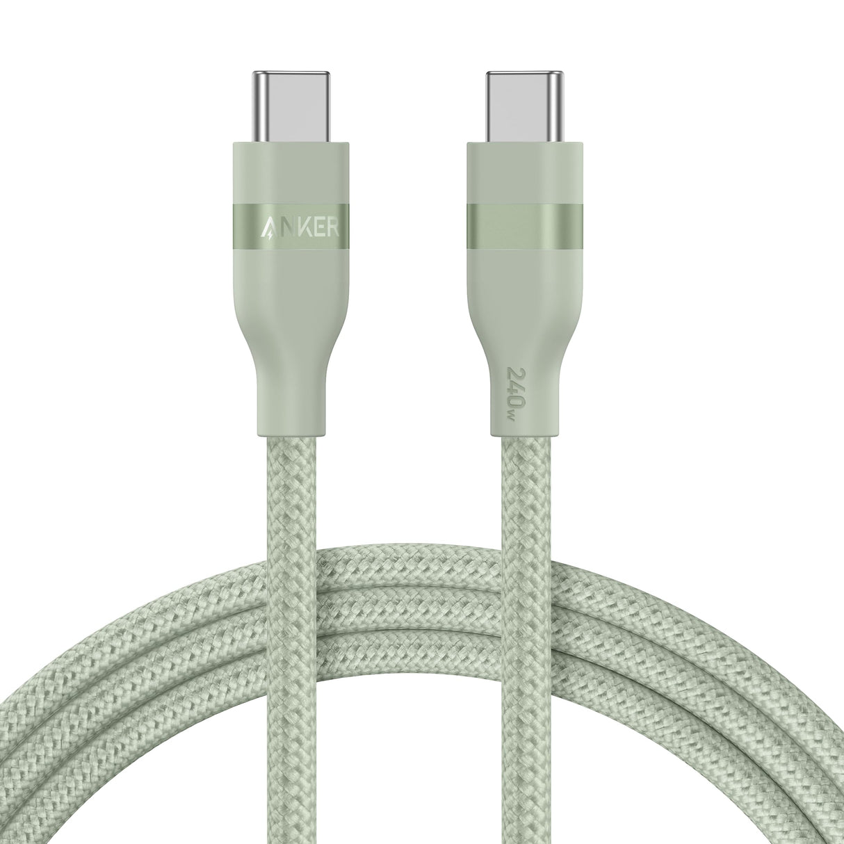 Anker 6ft green USB-C to USB-C cable, upcycled braided design, supports 240W charging, durable and flexible for devices.