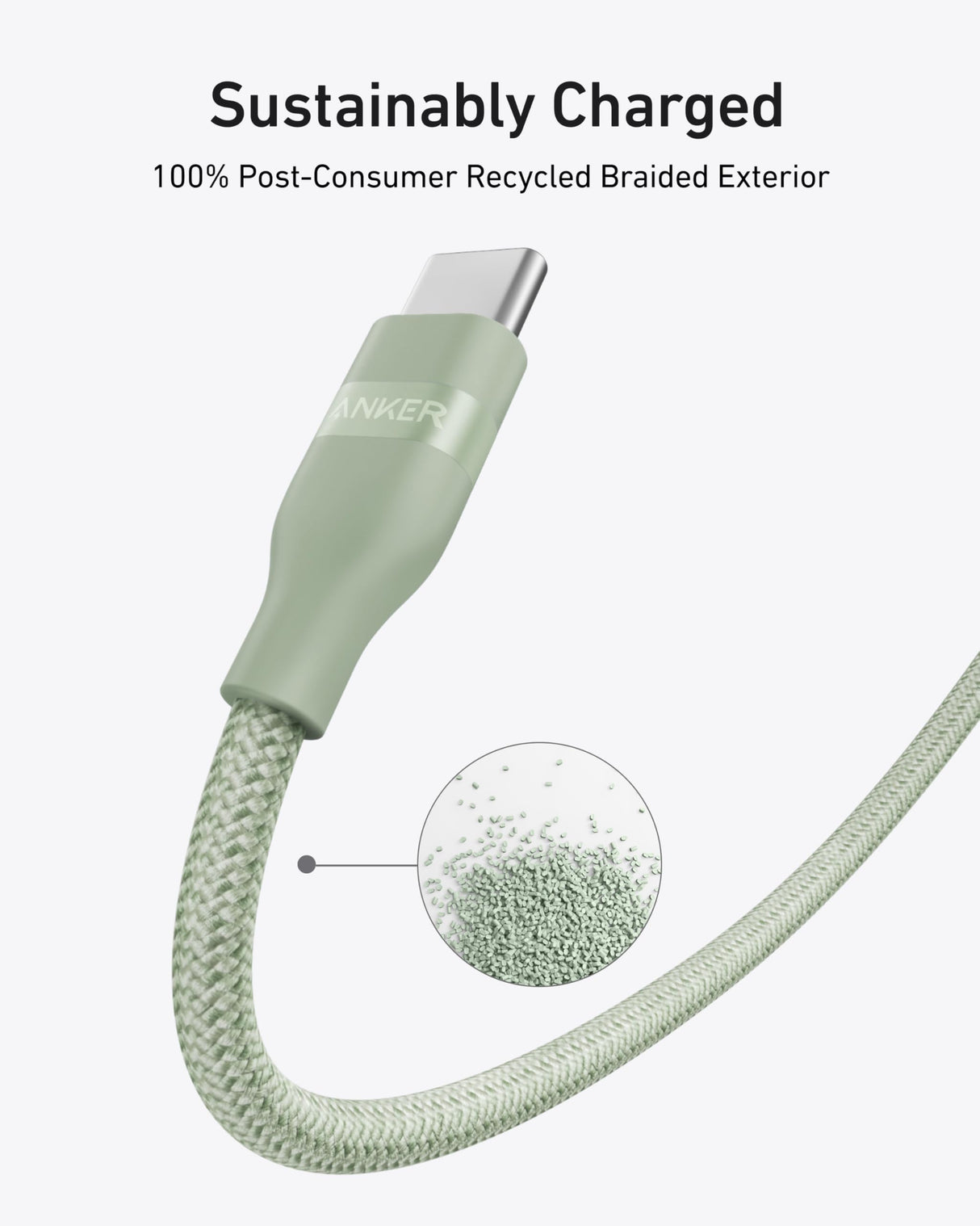 Anker 6ft green USB-C to USB-C cable, upcycled braided design, supports 240W fast charging, durable and flexible.