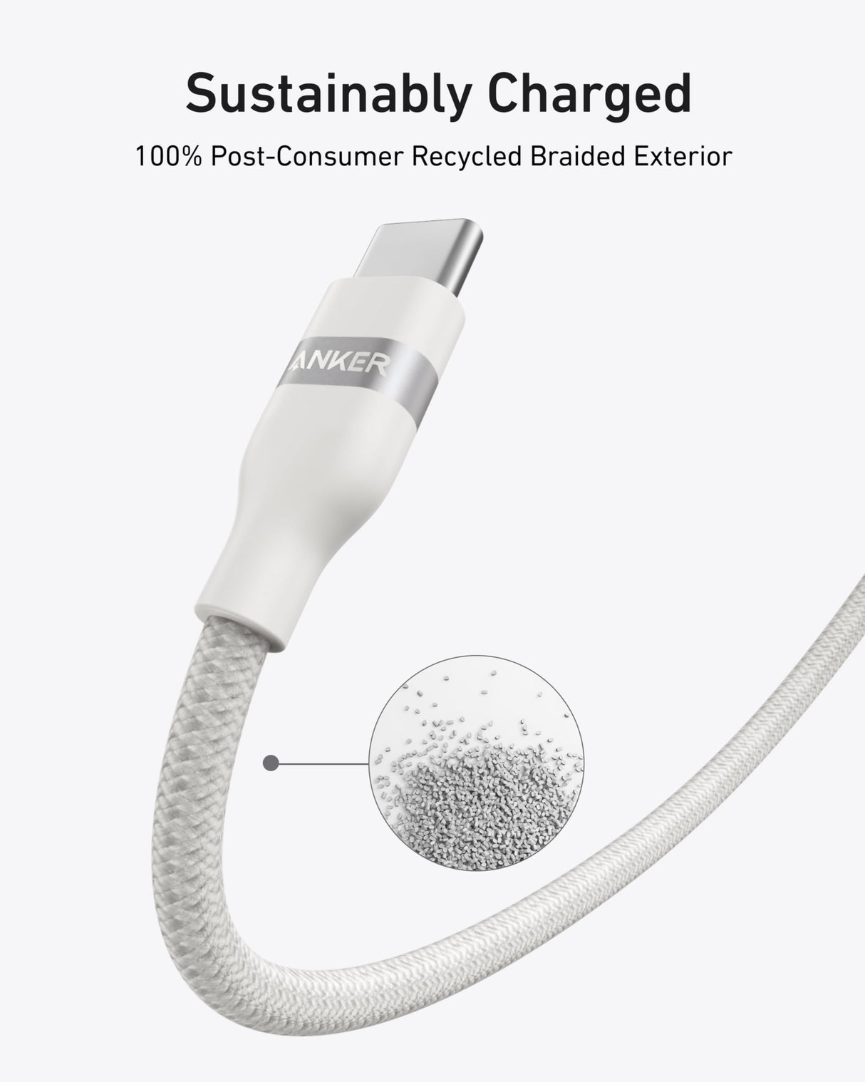 Anker 6ft white USB-C to USB-C cable with upcycled braided design, supports 240W charging for fast device power transfer.