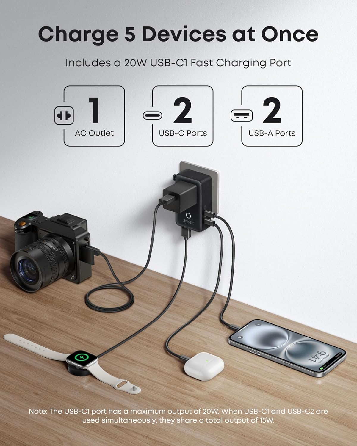 Anker Nano 5-in-1 travel adapter with multiple ports and 20W power output, compact design suitable for international travel.