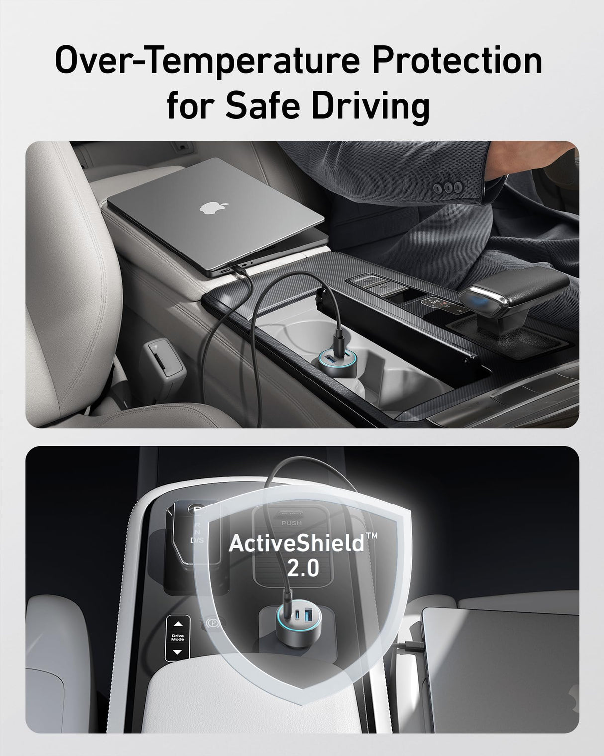 Anker 535 car charger with dual USB ports, compact design, and 67W power output for fast device charging in vehicles.