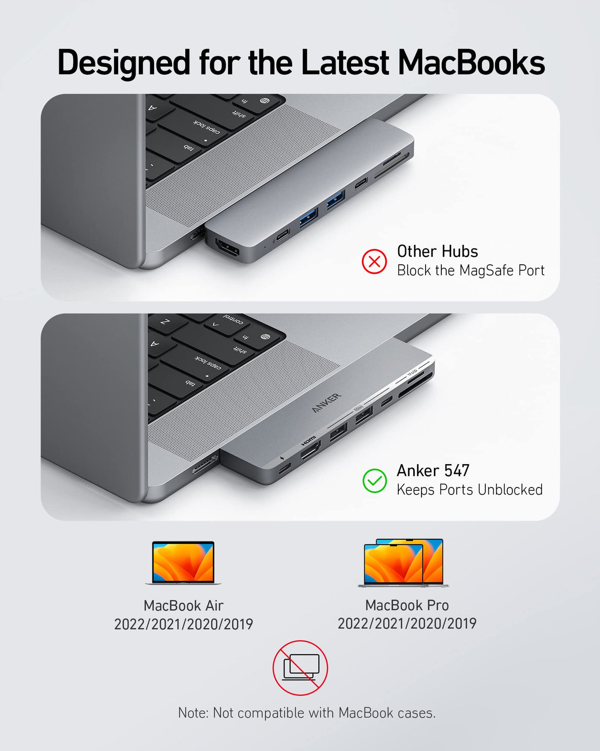 Anker 547 USB-C Hub for MacBook with multiple ports, charging only, compact design, black, connected to a MacBook.