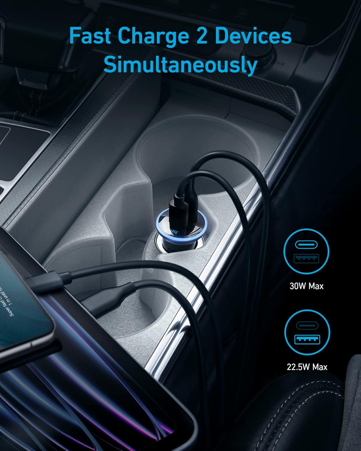 Anker 323 car charger with 52.5W power output, shown plugged into a vehicle's cigarette lighter socket with charging ports visible.