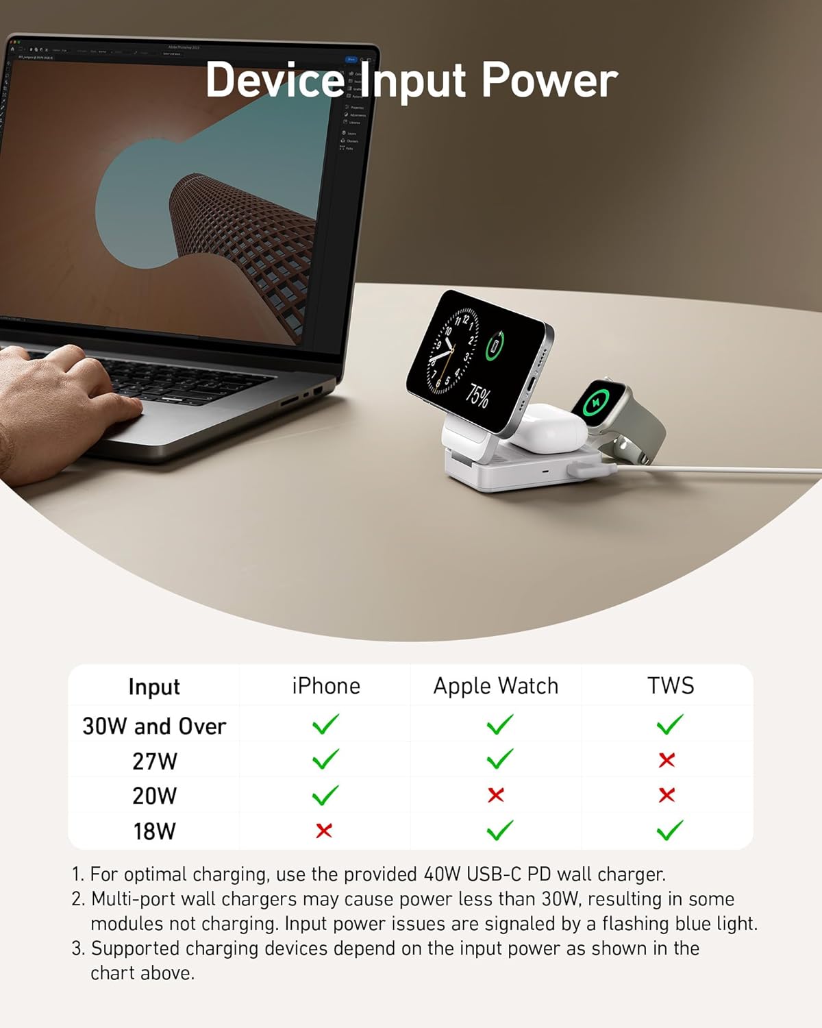 Anker MagGo wireless charging station, foldable 3-in-1 design with phone, smartwatch, and earbuds charging pads, black finish.