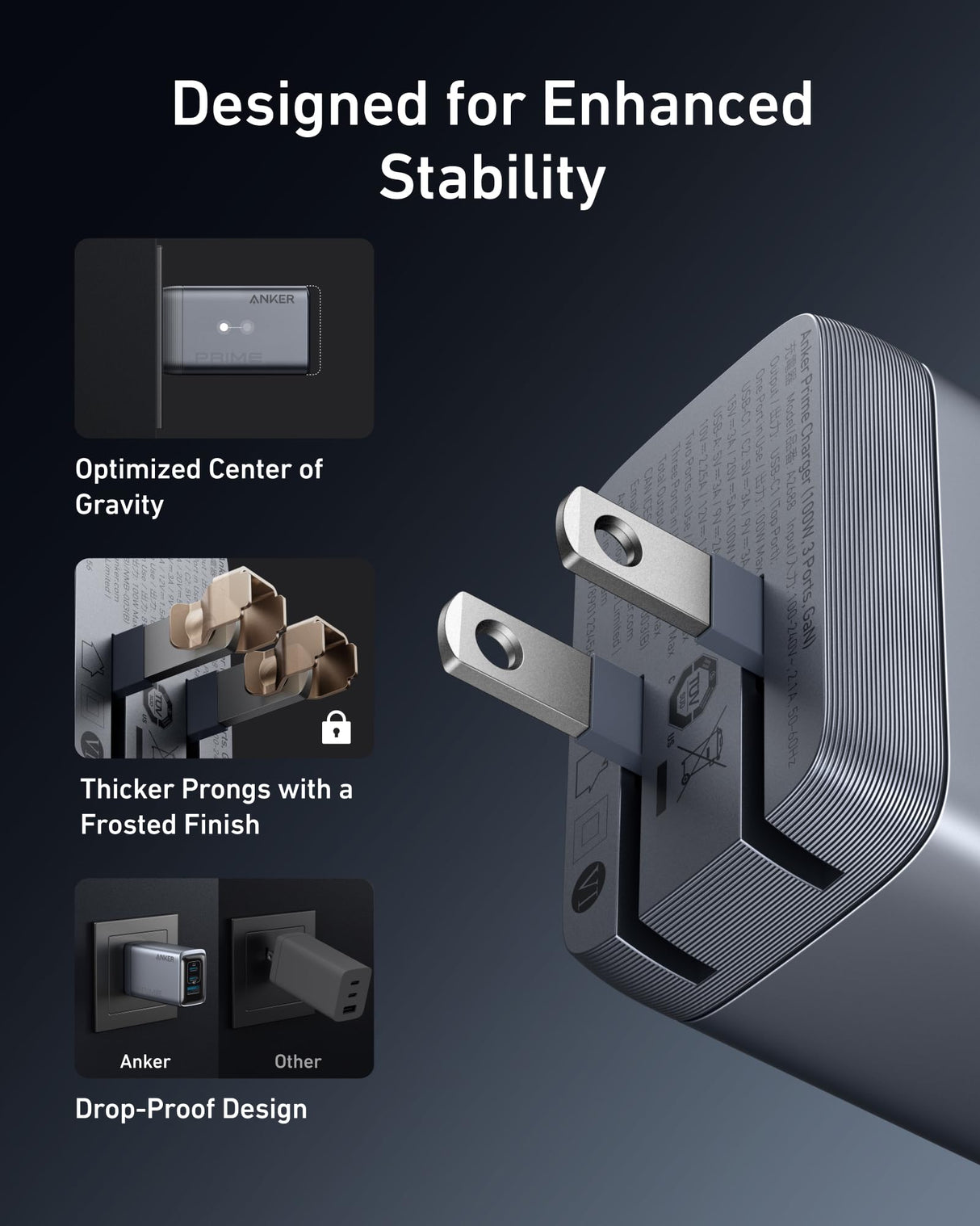 Anker Prime 100W GaN charger with three USB-C ports, compact design, and sleek black finish for fast device charging.