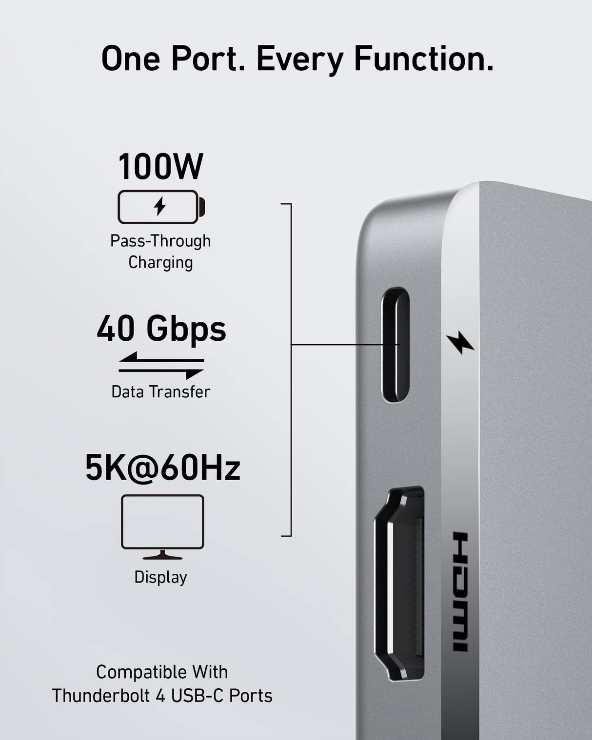 Anker 547 USB-C Hub for MacBook with multiple ports for charging and device connection, shown with connected cables.