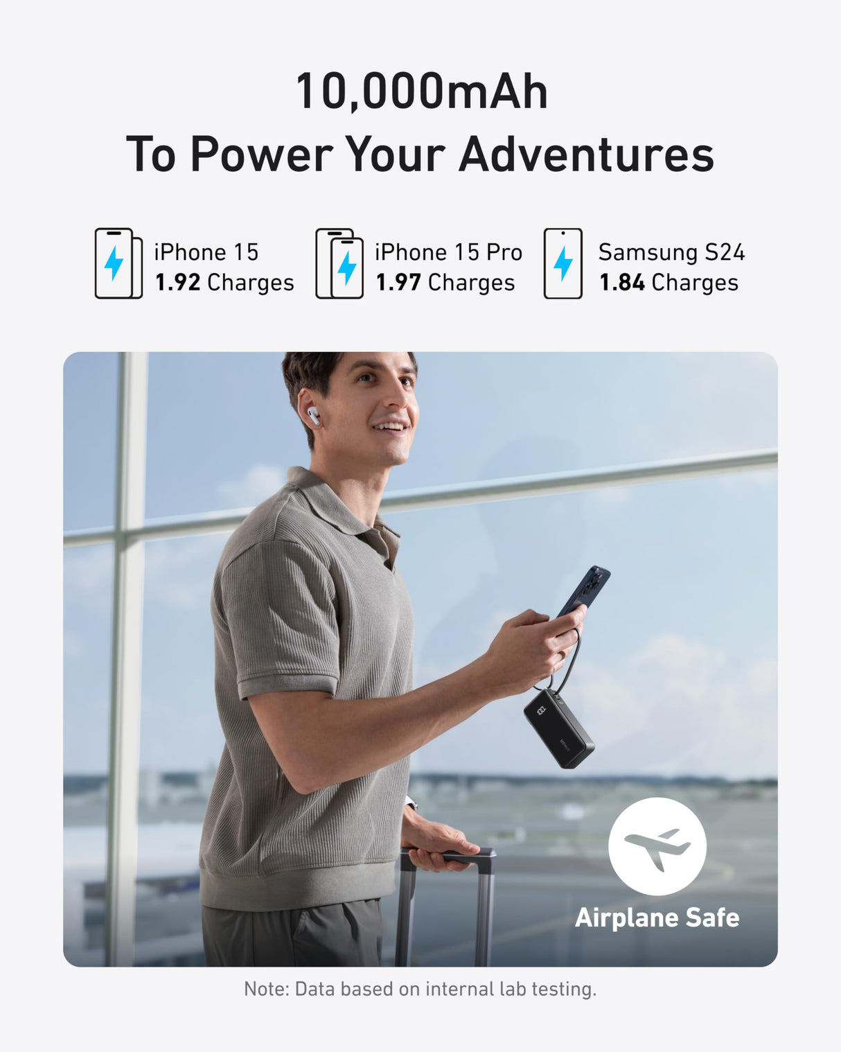 Anker Power Bank 10K Fusion with built-in cable, compact portable charger for smartphones and devices, black with LED indicator