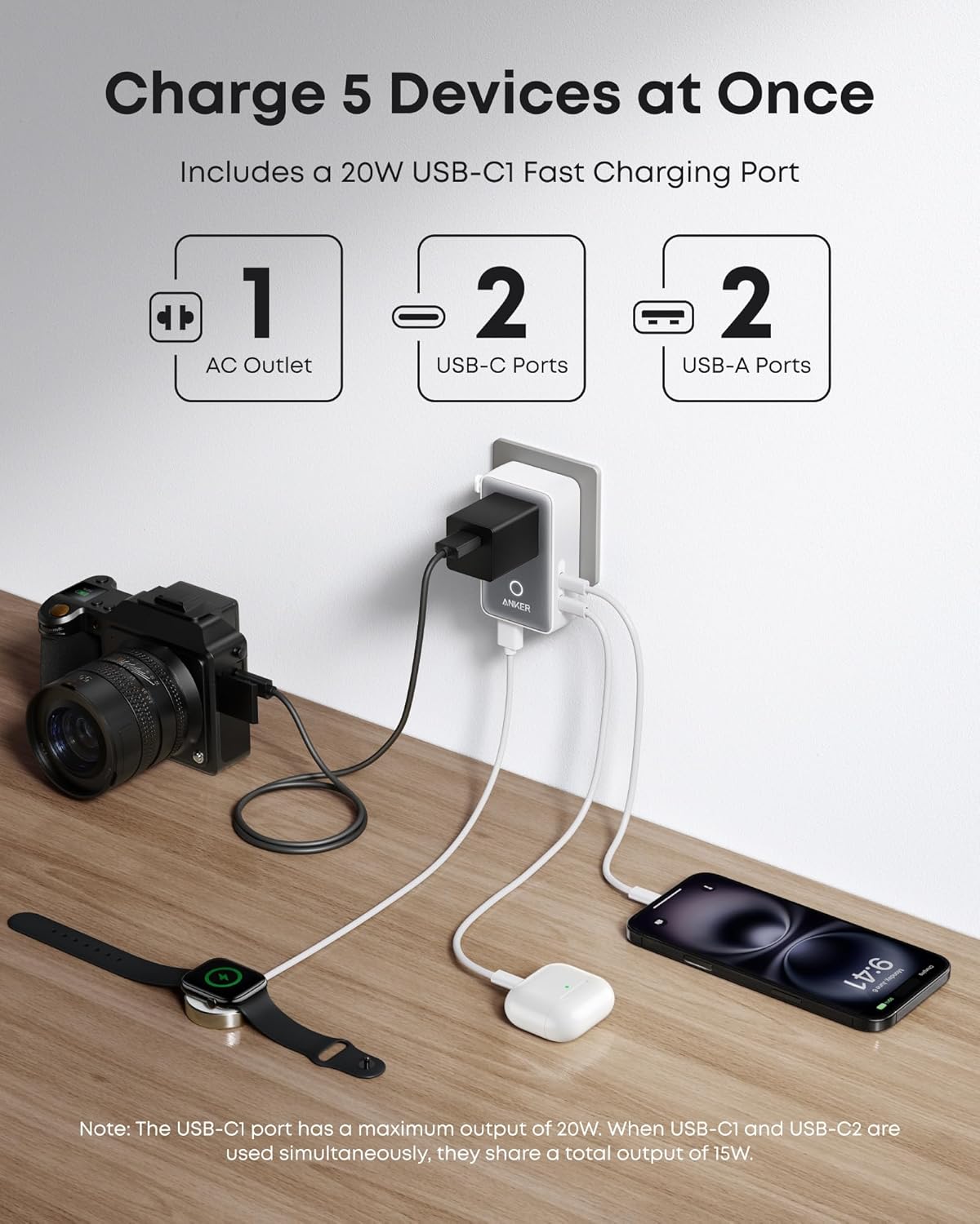 Anker Nano 20W travel adapter with 5-in-1 charging ports, compact design, and multiple plug options for global travel.