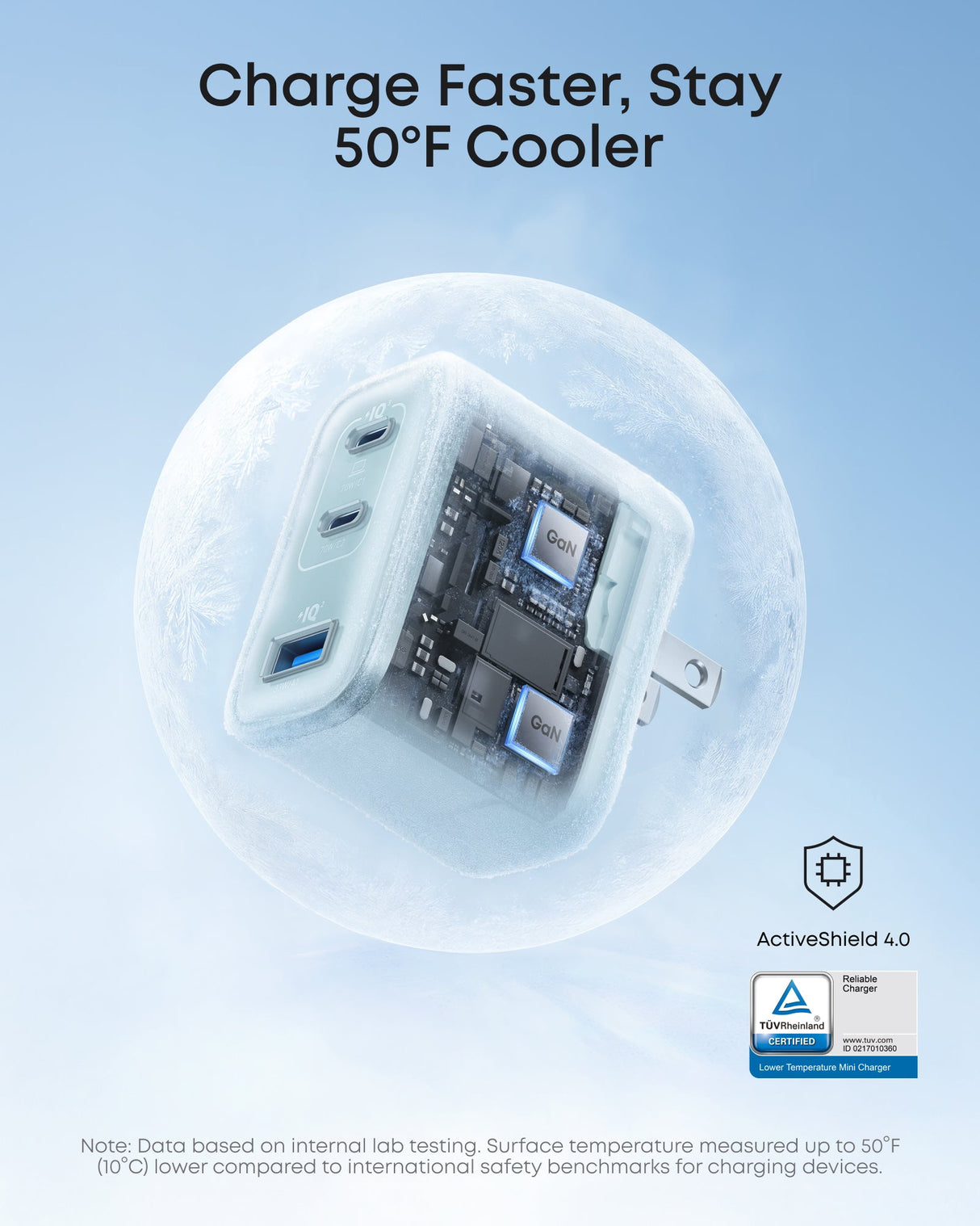 Anker Nano Charger with 70W power and three USB ports, compact white charging adapter on a neutral background.
