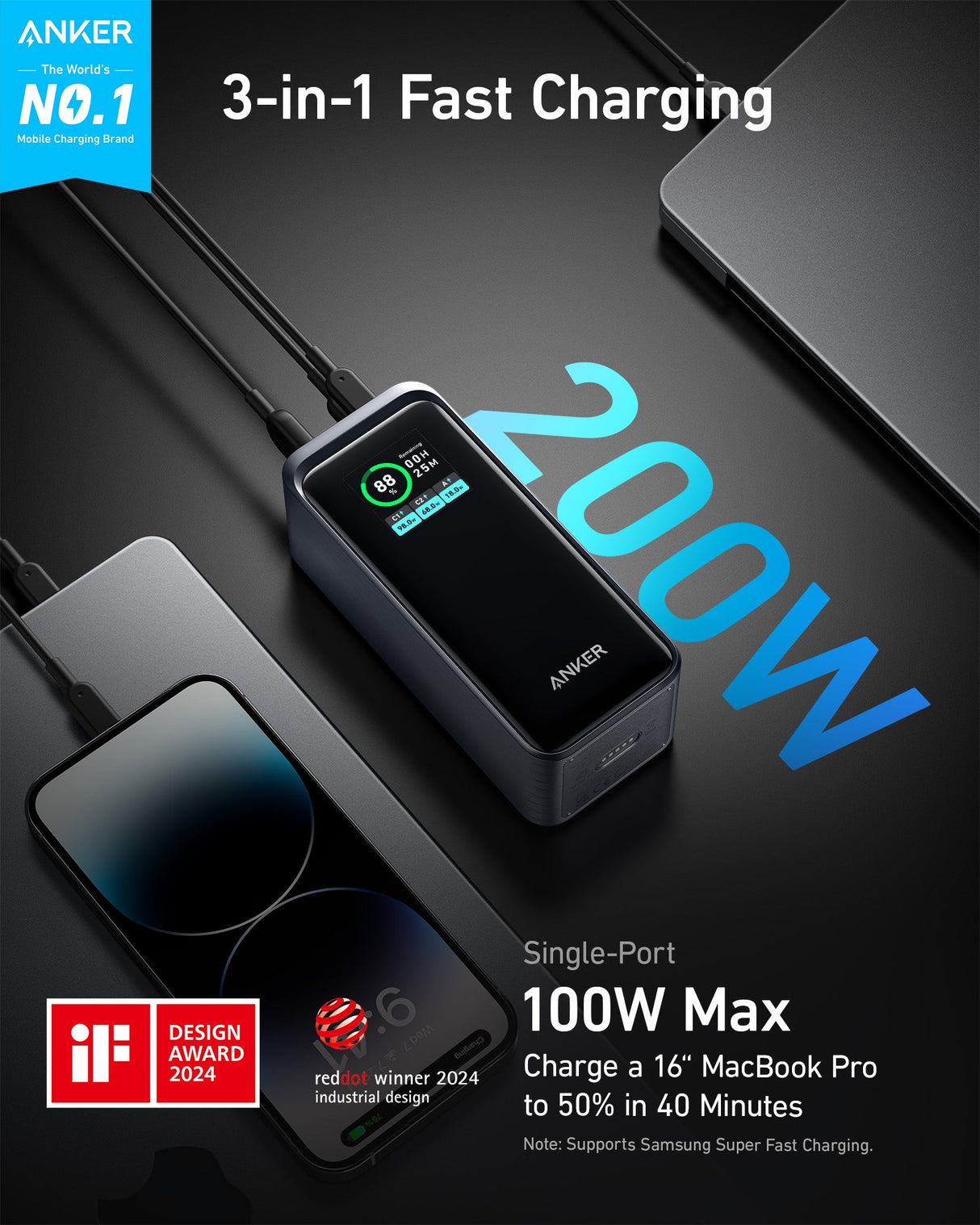 Anker Prime 20K 200W power bank for charging devices, shown with sleek black design and multiple charging ports.