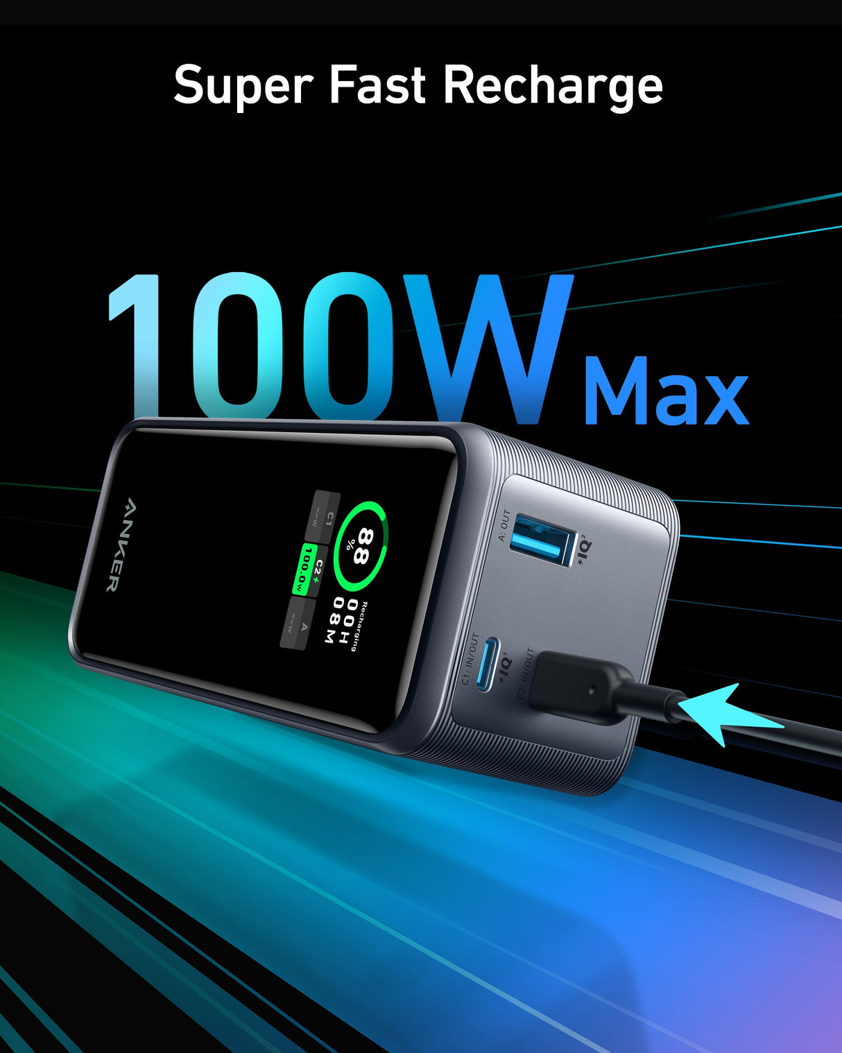 Anker Prime 20K 200W power bank for charging devices, shown with USB ports and sleek black design.