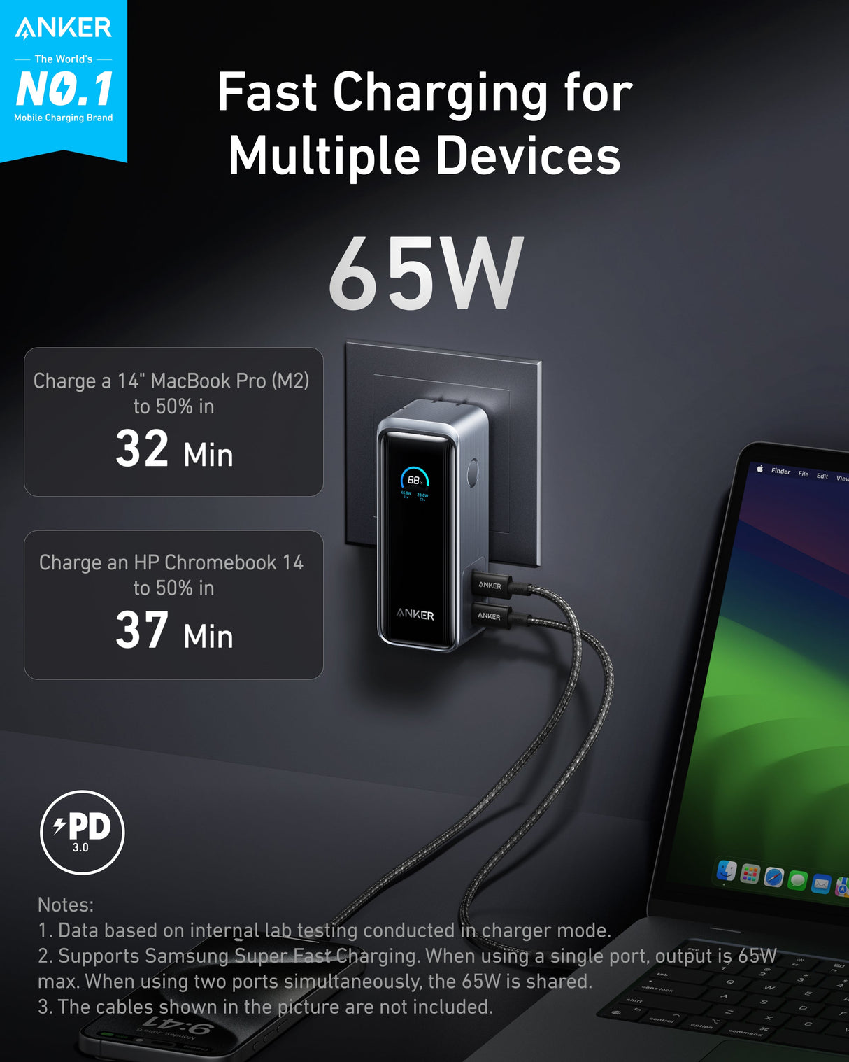 Anker Prime Power Bank 9.6K with 65W Fusion fast charging, shown in black with USB-C and USB-A ports for portable power.