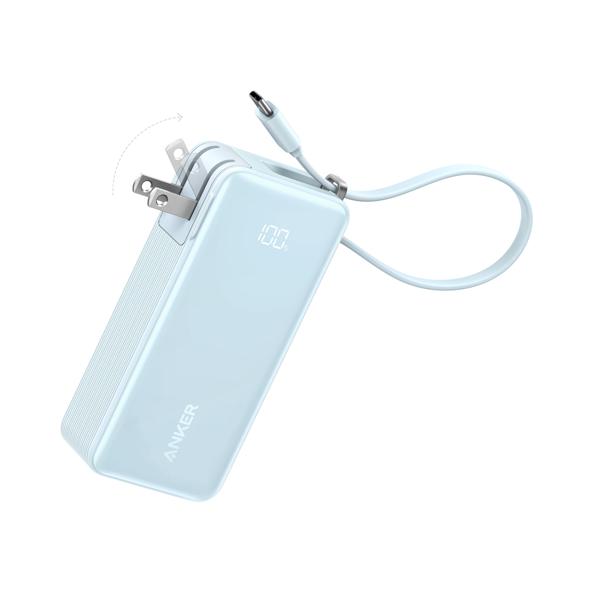 Anker Power Bank 10K with built-in Fusion cable, compact portable charger for smartphones and devices.