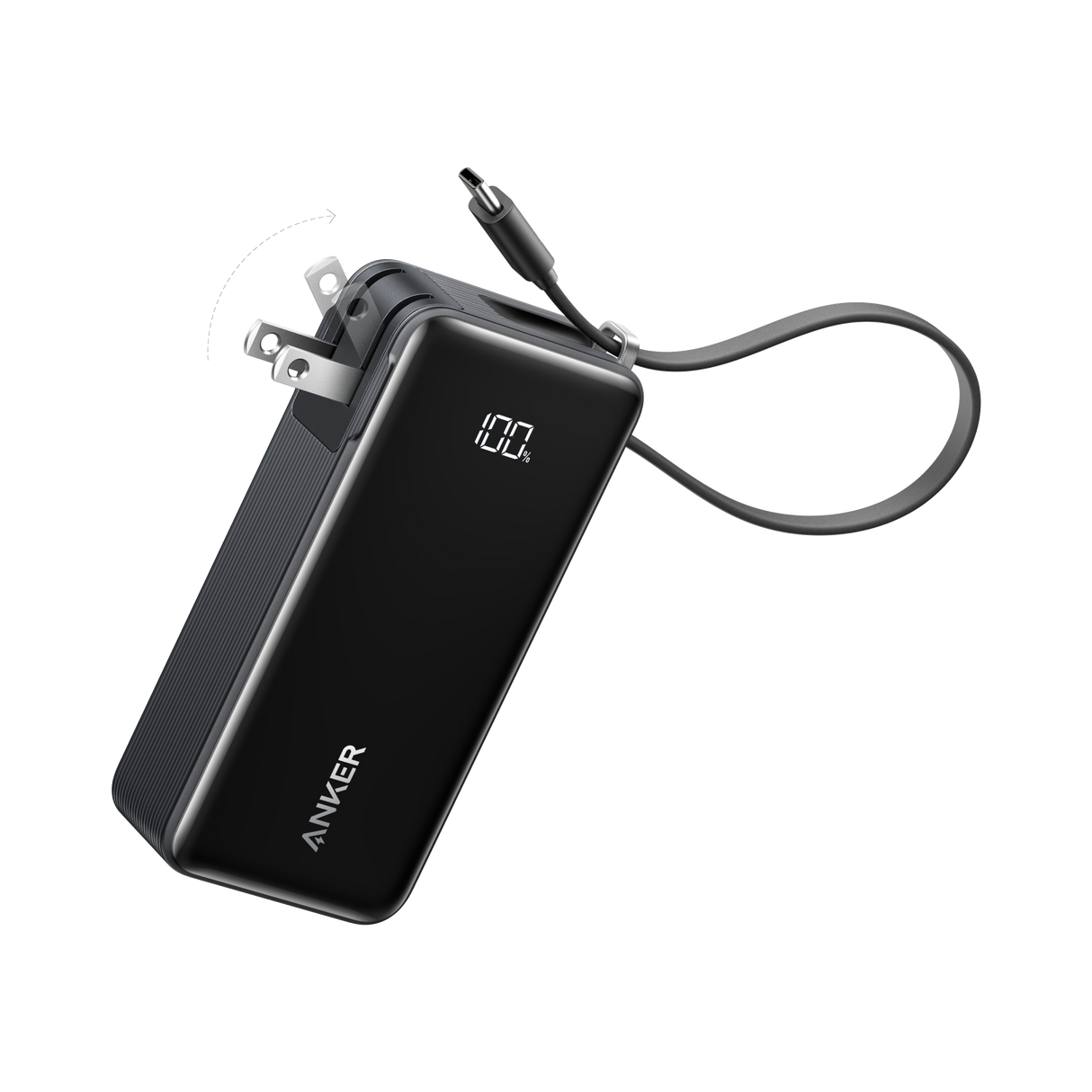 Anker Power Bank 10K with built-in cable, compact portable charger for smartphones and devices, black color and sleek design.