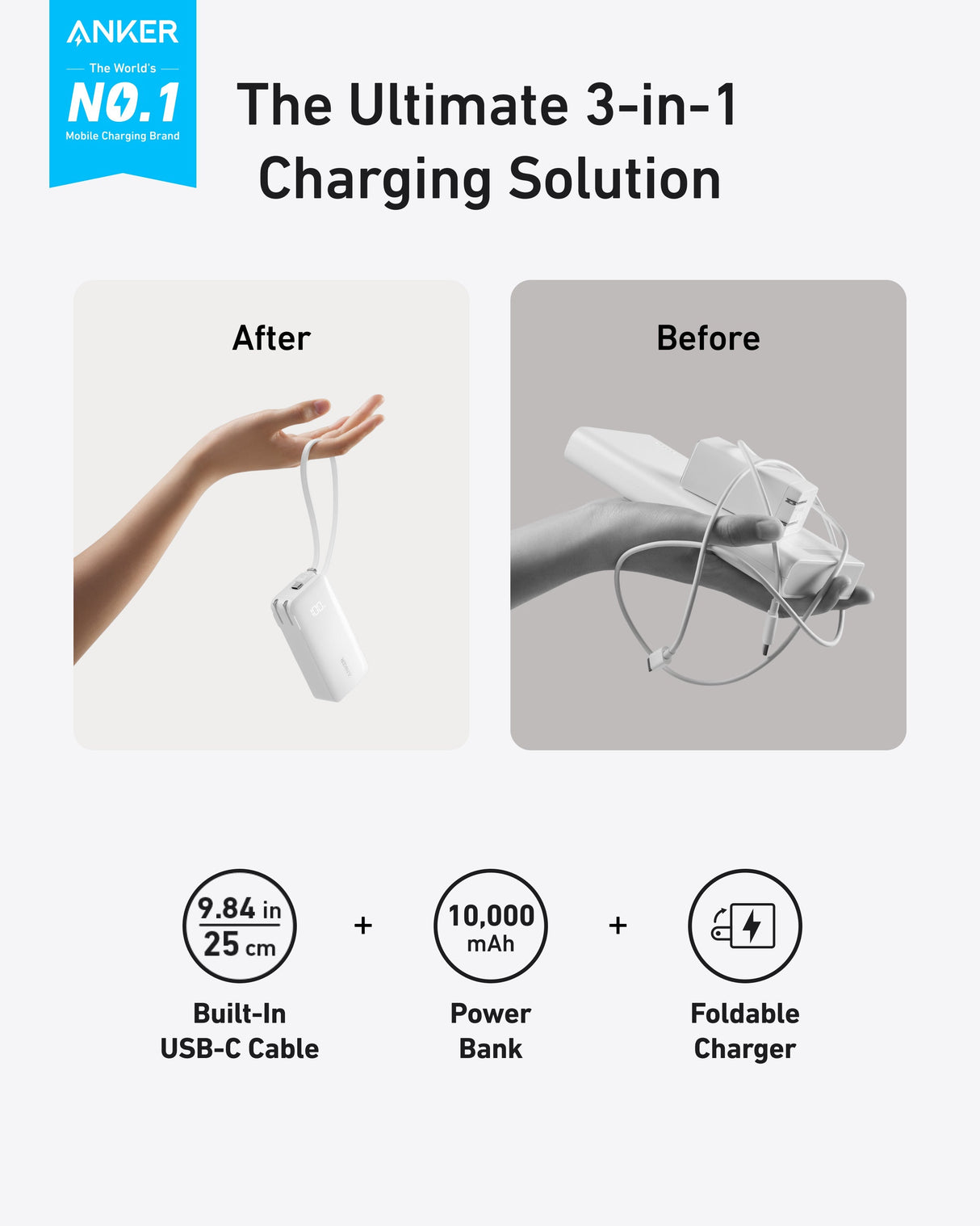 Anker Power Bank 10K with Fusion built-in cable, compact portable charger for smartphones and devices.