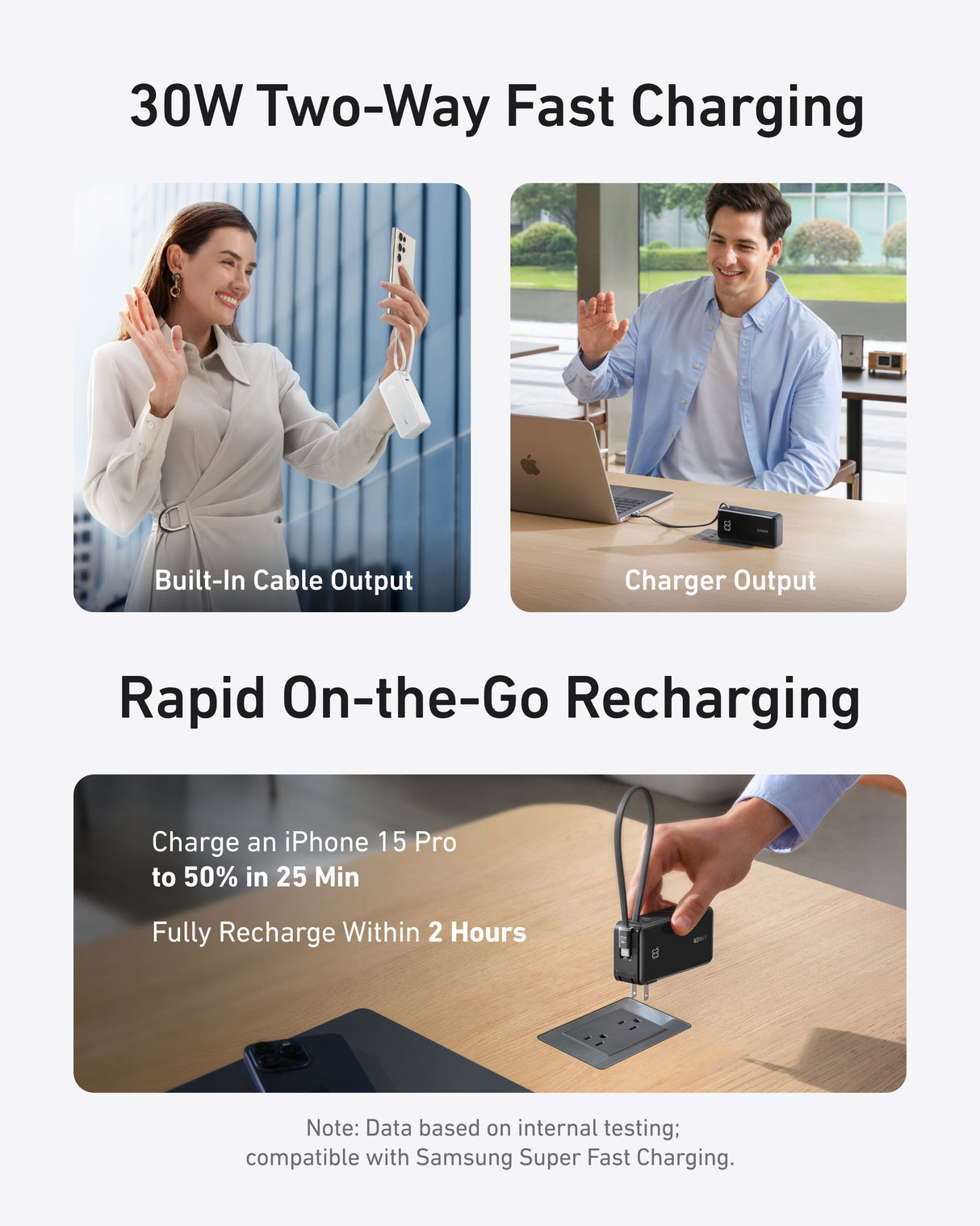 Anker Power Bank 10K with Fusion built-in cable, portable external battery showing compact design and integrated charging cable.