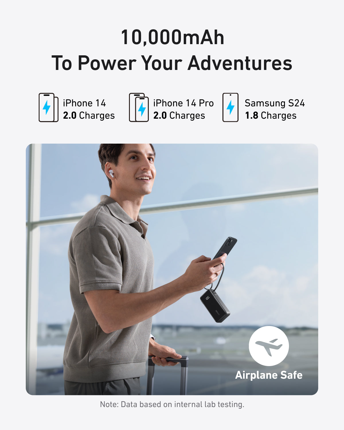 Anker Power Bank 10K Fusion with built-in cable, compact black portable charger for smartphones and devices on a white background.