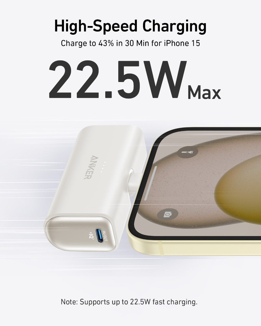 Anker Nano Power Bank with built-in USB-C connector, compact 22.5W portable charging device on a white background.