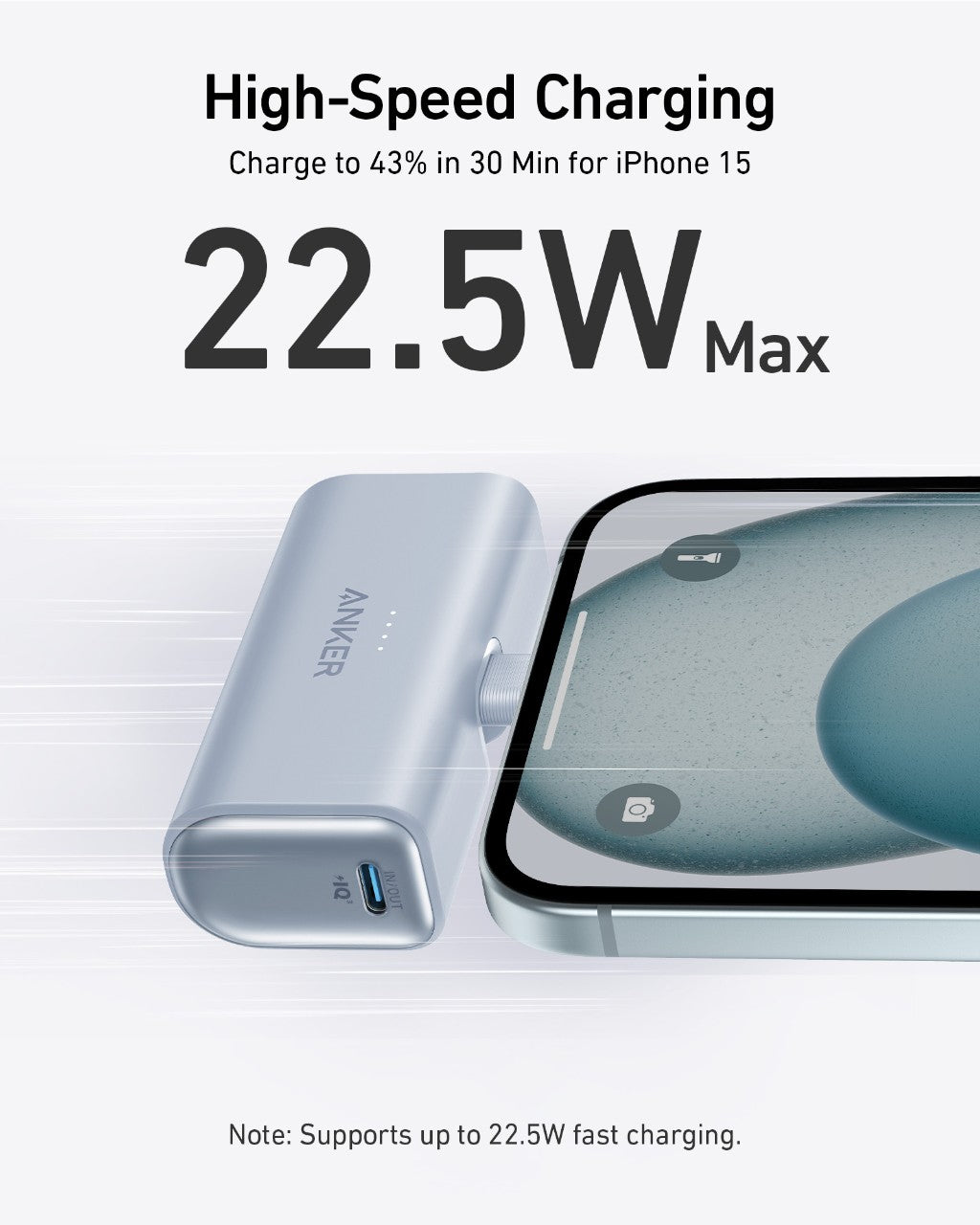 Anker Nano 22.5W power bank with built-in USB-C connector for portable charging, shown from a front view.
