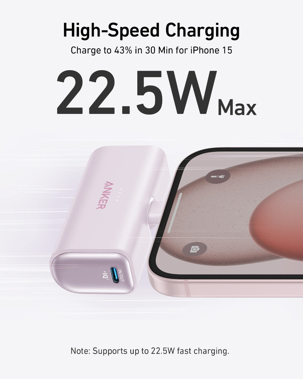 Anker Nano power bank with 22.5W charging, built-in USB-C connector, compact portable charger for devices.