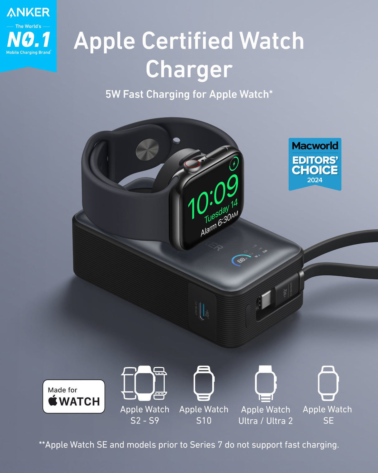 Anker MagGo 10K 35W power bank with MagSafe-compatible design, suitable for Apple Watch and other devices.
