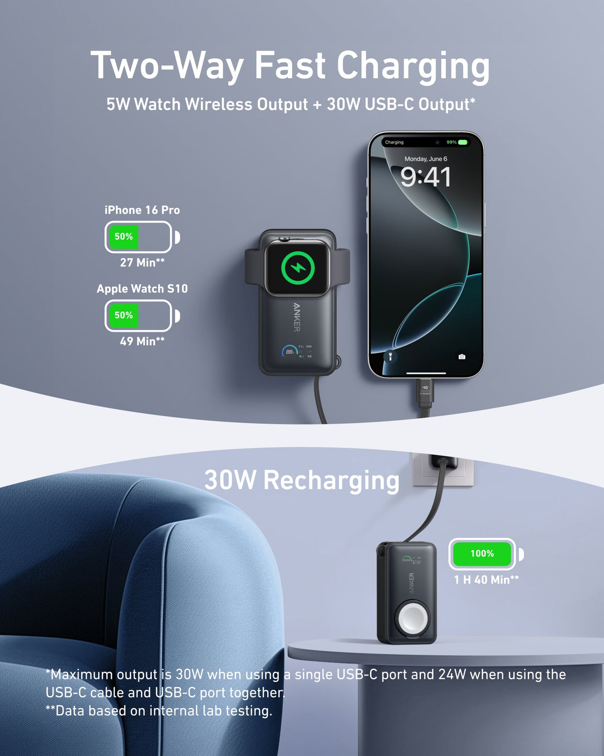 Anker MagGo 10K 35W power bank with Apple Watch charging pad, compact portable power bank for Apple Watch and devices