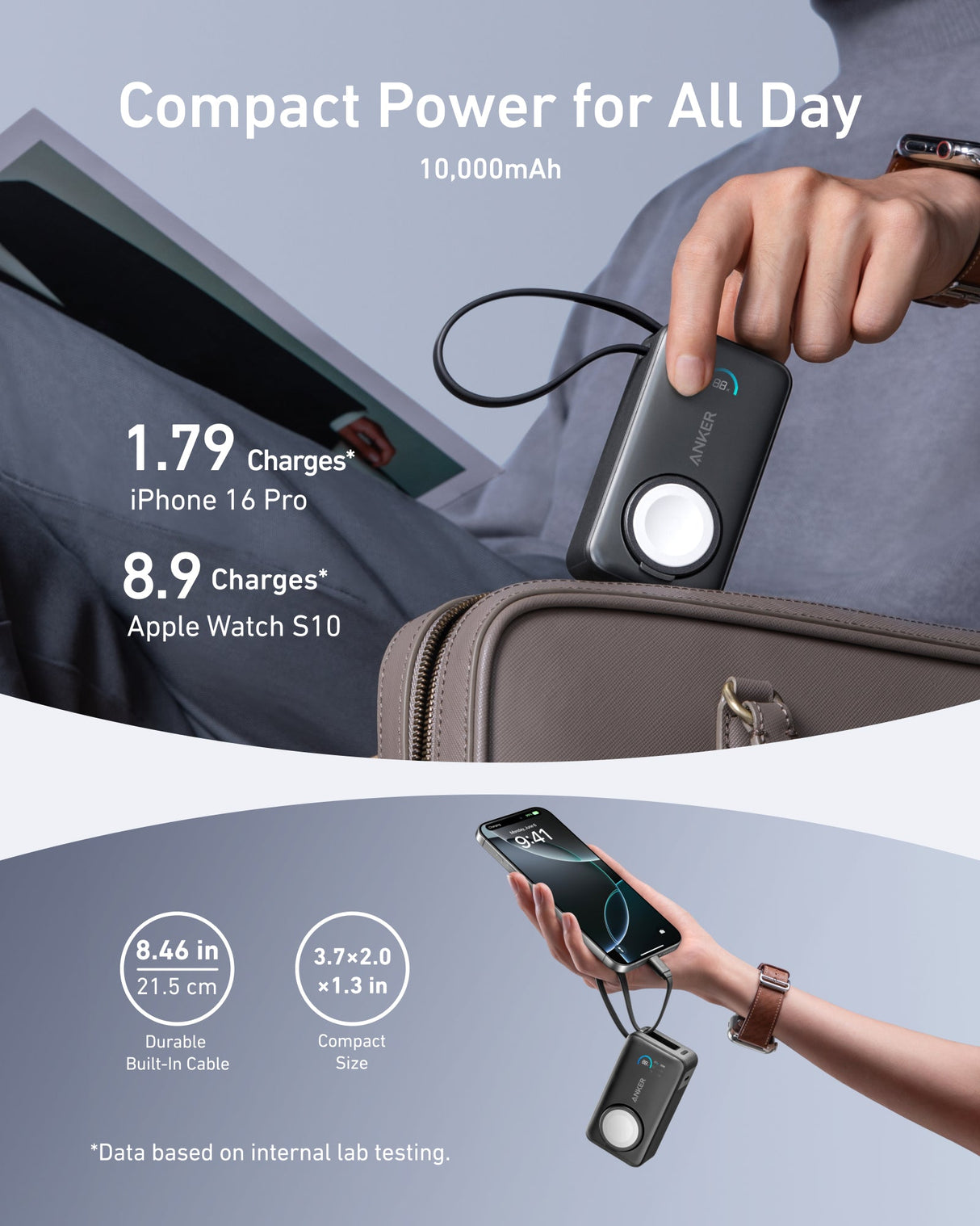 Anker MagGo 10K 35W power bank with Apple Watch charging pad and sleek black design, compact portable power solution.