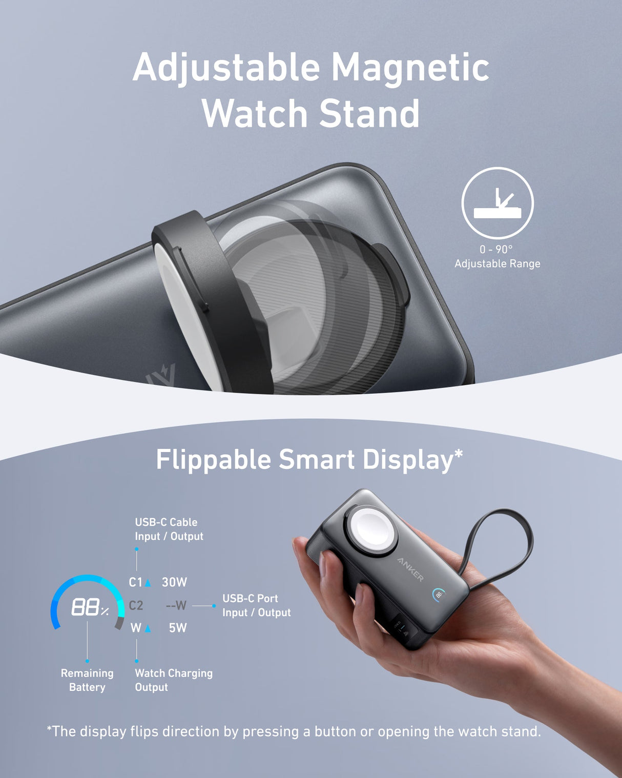 Anker MagGo 10K 35W power bank with Apple Watch charging pad, compact portable charger for Apple Watch and devices
