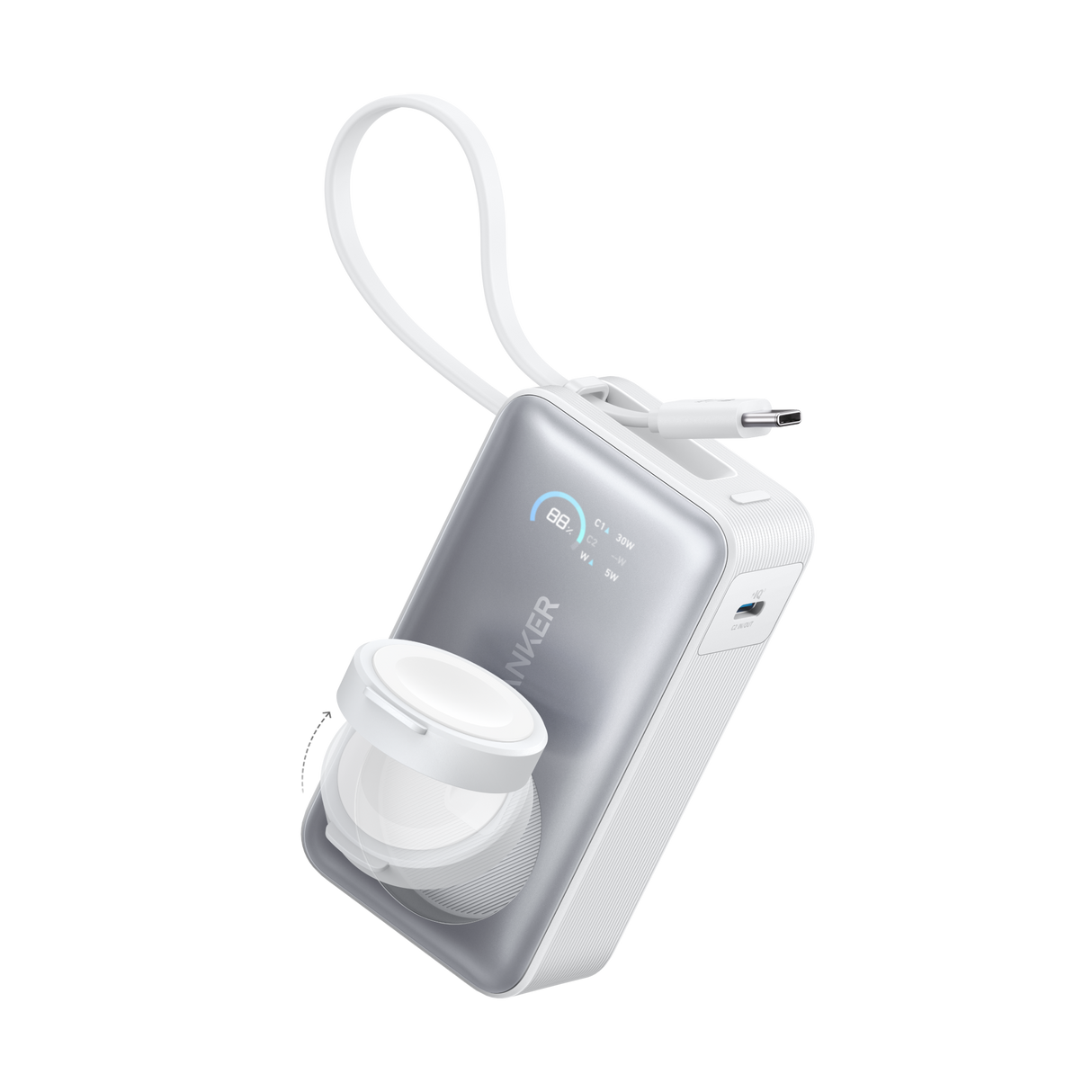 Anker MagGo 10K 35W power bank with Apple Watch charging pad and USB-C port, compact portable power solution.