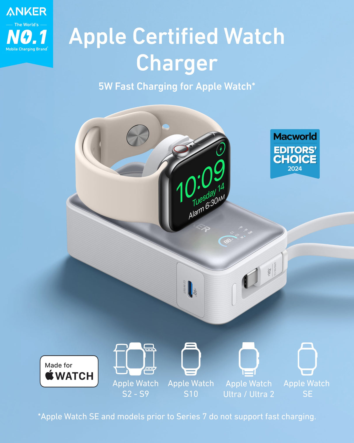 Anker MagGo 10K 35W power bank with Apple Watch charging pad and USB-C port, portable mobile power solution