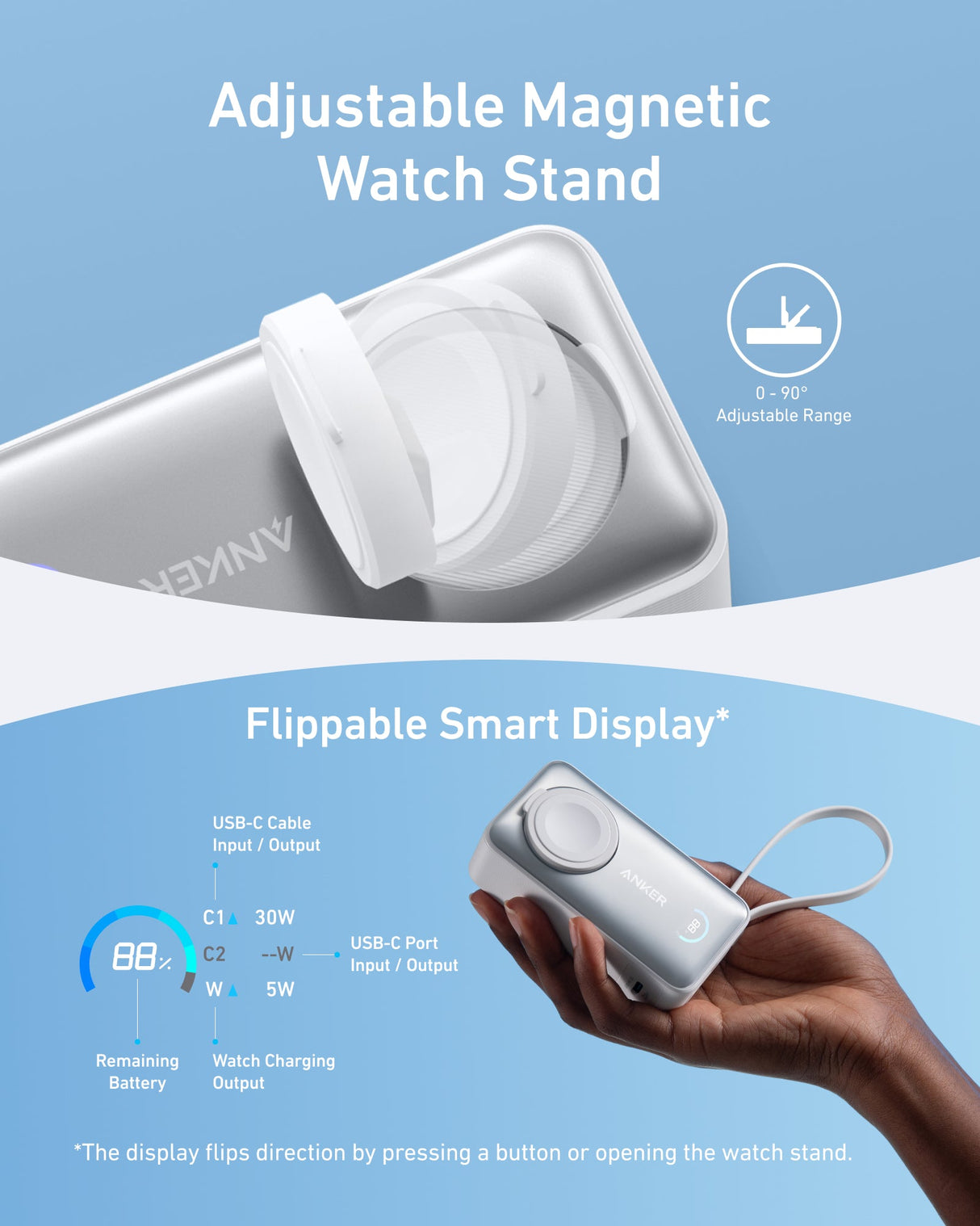 Anker MagGo 10K 35W power bank with Apple Watch charging pad and USB-C port, compact portable power bank for Apple devices