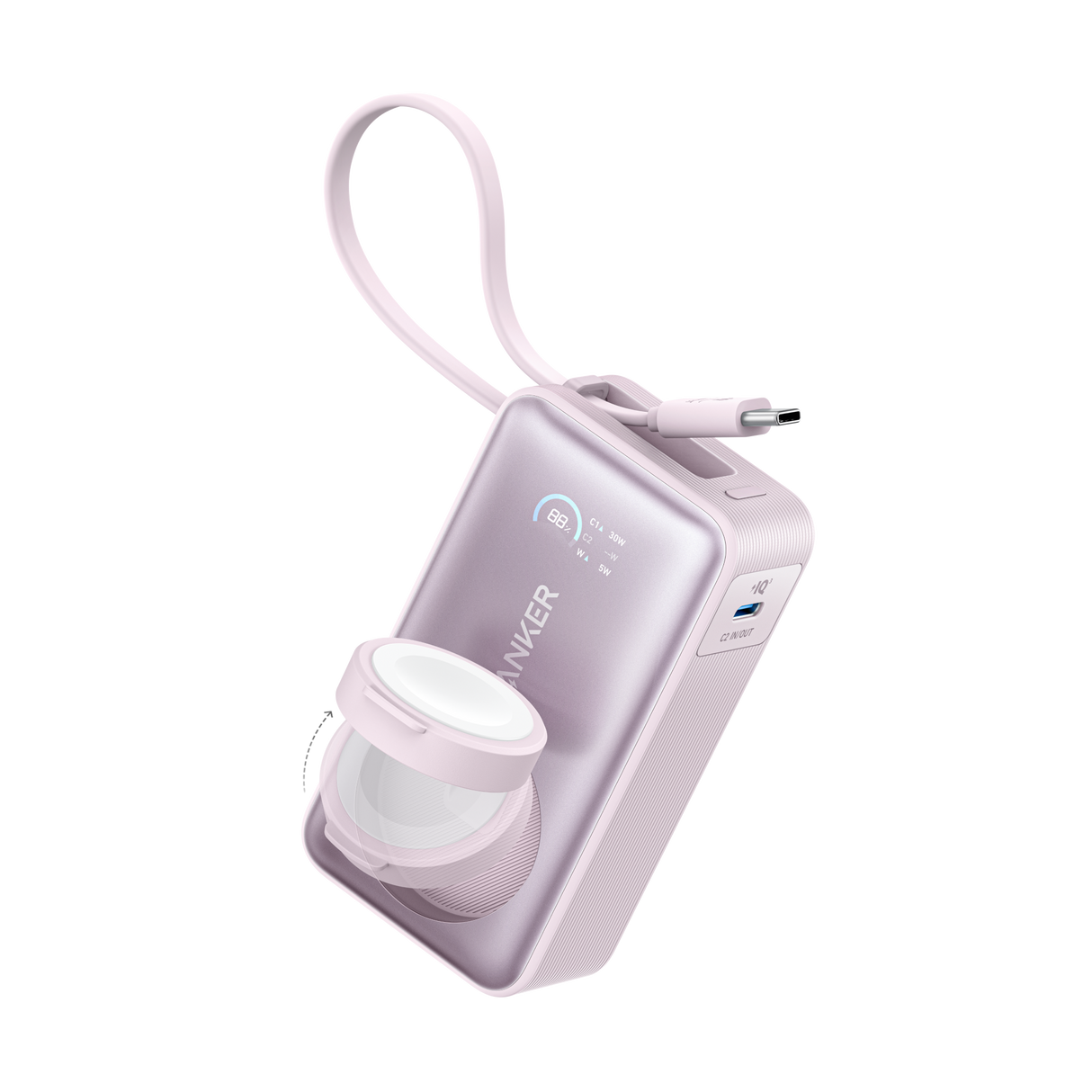 Anker MagGo 10K 35W power bank for Apple Watch, showing sleek portable design with charging port and branding.