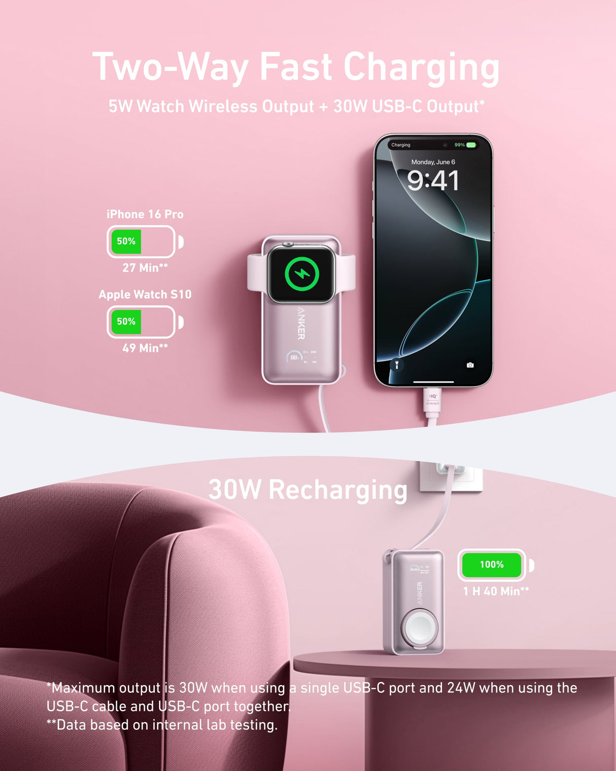 Anker MagGo 10K 35W power bank with Apple Watch charging pad and USB-C port, compact portable power solution.