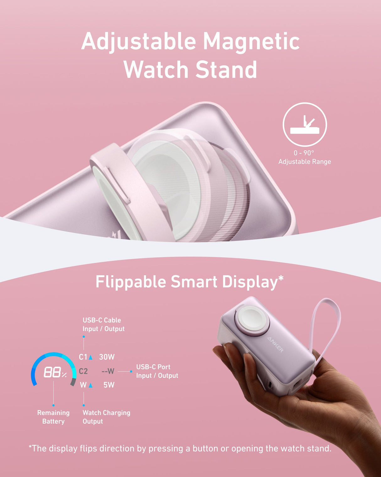 Anker MagGo 10K 35W power bank with Apple Watch charging pad, compact portable design for Apple Watch and mobile devices.
