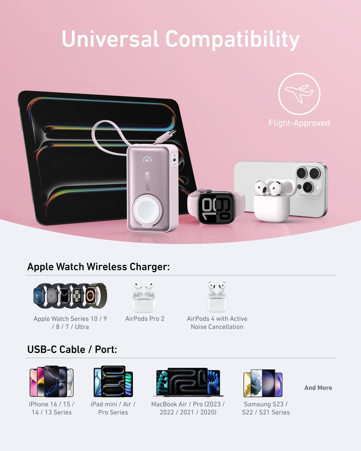 Anker MagGo 10K 35W power bank with Apple Watch charging pad and USB-C port, portable and compact design for on-the-go charging.