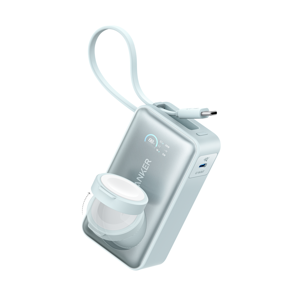 Anker MagGo 10K 35W power bank with Apple Watch charging pad and USB-C port, black portable power source for Apple devices.
