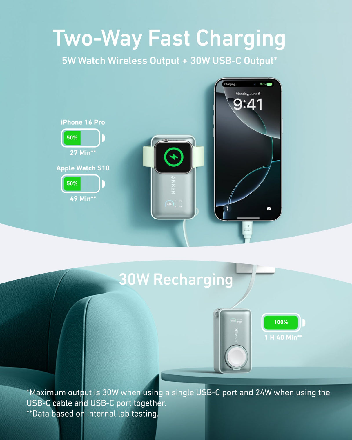 Anker MagGo 10K 35W power bank with Apple Watch charging pad, portable portable power bank for Apple Watch and mobile devices