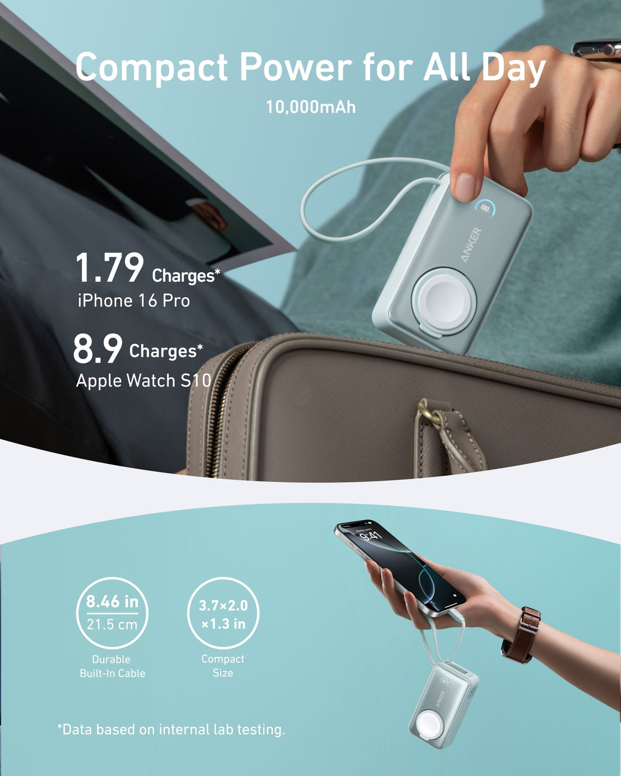Anker MagGo 10K 35W power bank with Apple Watch charging pad, compact design for portable Apple Watch and smartphone charging.