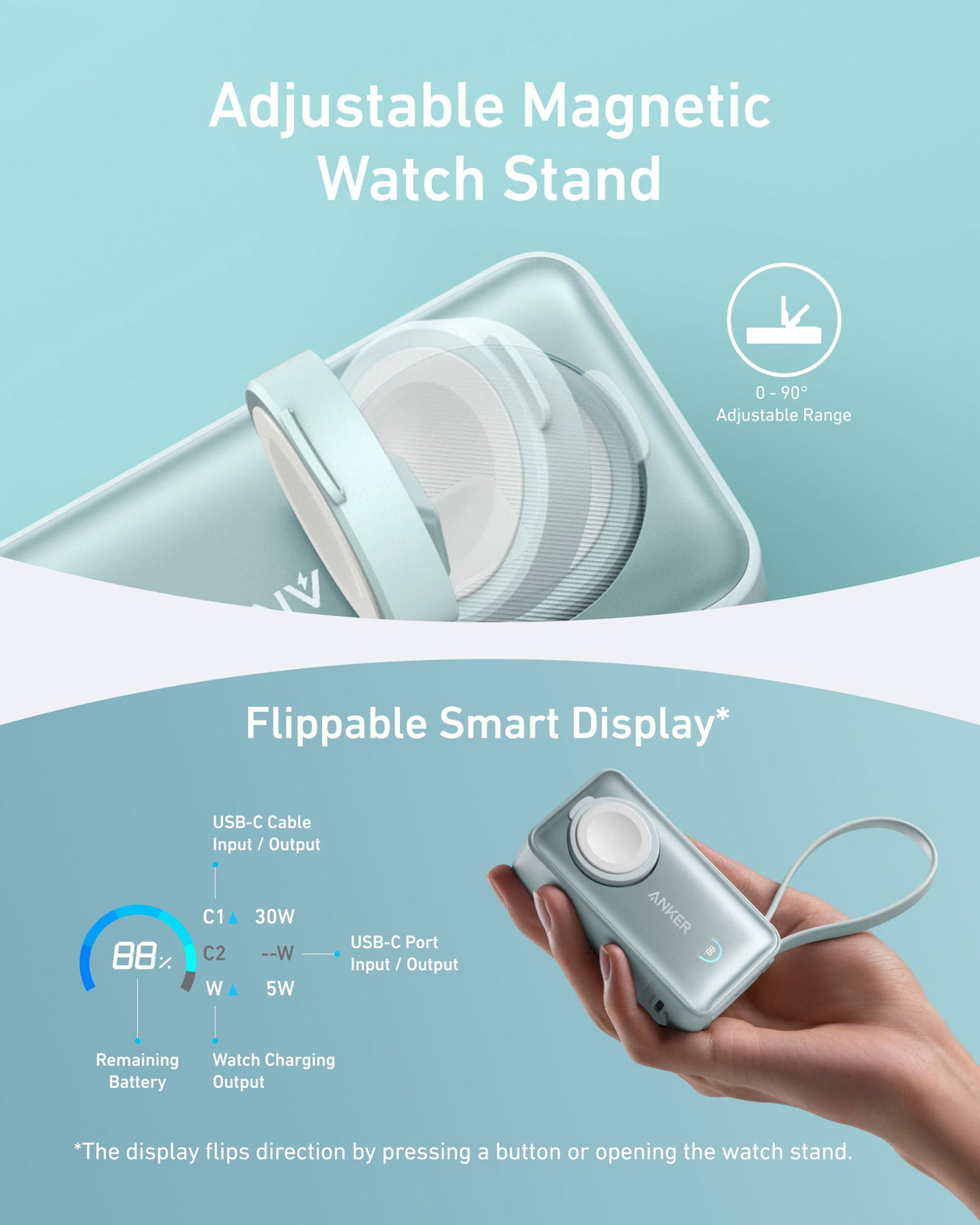 Anker MagGo 10K Power Bank with 35W charging for Apple Watch, compact black portable power bank with magnetic attachment