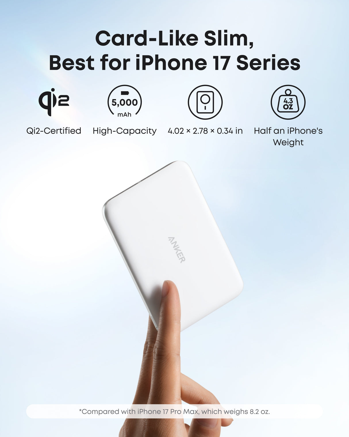 Anker Nano 5K MagGo slim power bank with USB-C port, compact design and built-in MagSafe compatibility for wireless charging.