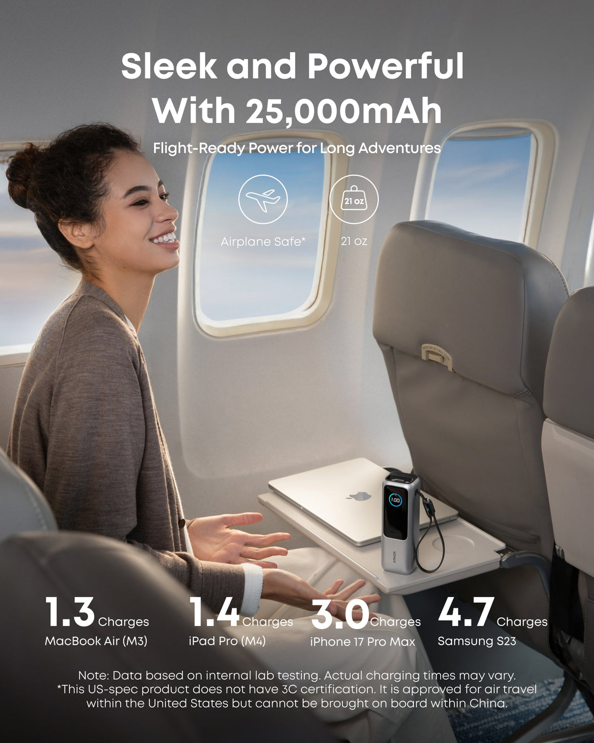 Anker 25,000mAh laptop power bank with 165W output, built-in retractable cables, compact portable charger for laptops and devices.