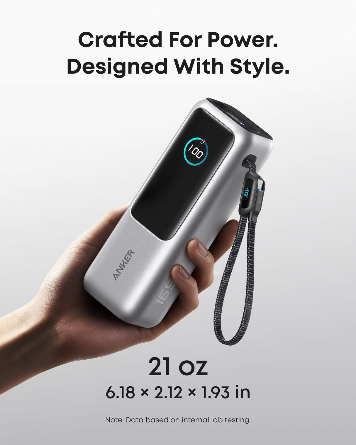 Anker 25,000mAh laptop power bank with 165W output, built-in retractable cables, portable and compact for charging on the go.