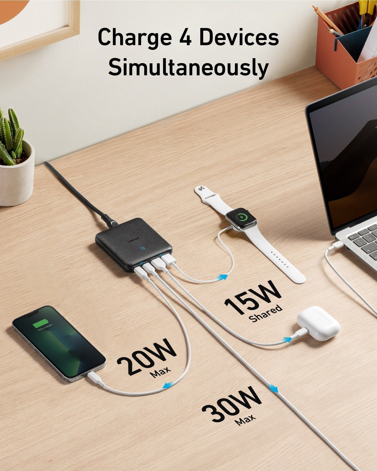 Anker 543 65W II charger, compact charging device with multiple ports for fast device charging.